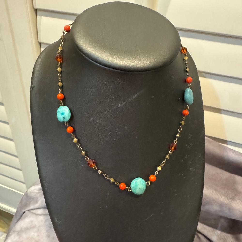 Turquoise and Coral Bead Station Necklace - Women Jewelry